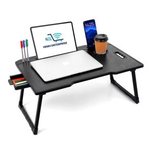 Foldable Wooden Mini Laptop Table for Bed, Study Table with Drawer, Mobile Holder(COTTED Black)